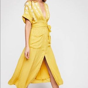 Free People Yellow Maxi Dress with White Embroidery